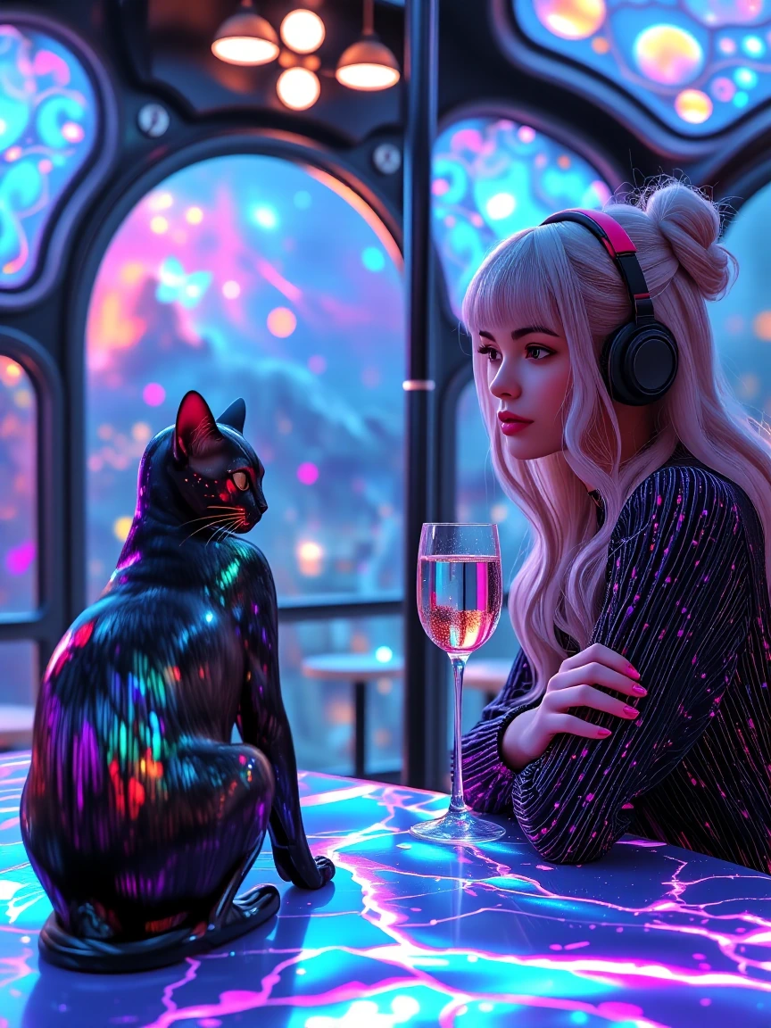 woman with iridescent silver hair in a café in space with a futuristic cat. Beautiful space view.