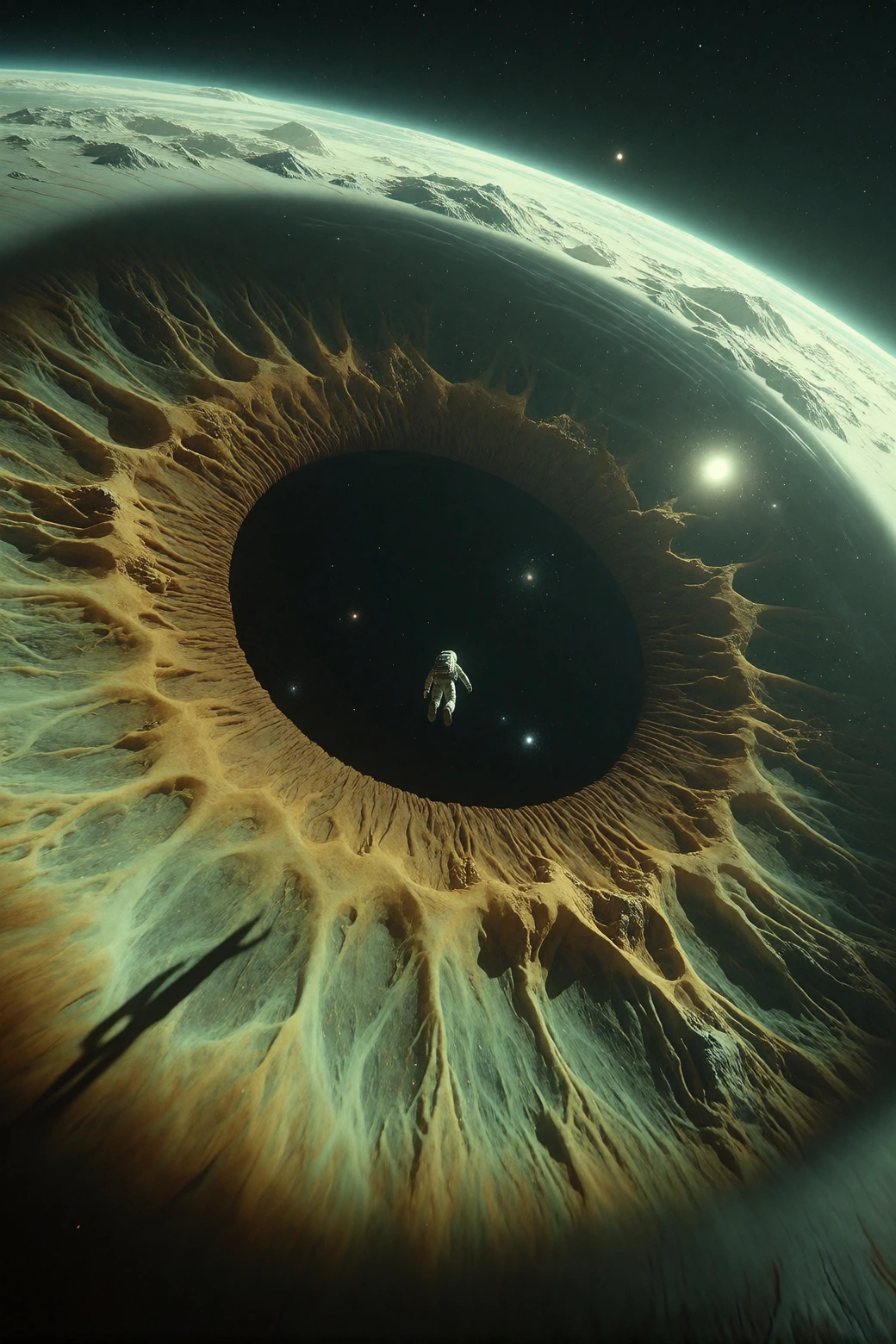 A high-fidelity, terrifyingly vast cinematic wide-shot, captured on an IMAX 70mm camera with an 8mm ultra-wide rectilinear lens to heavily distort and emphasize incomprehensible scale. The perspective is a helplessly distant POV in the dead vacuum of