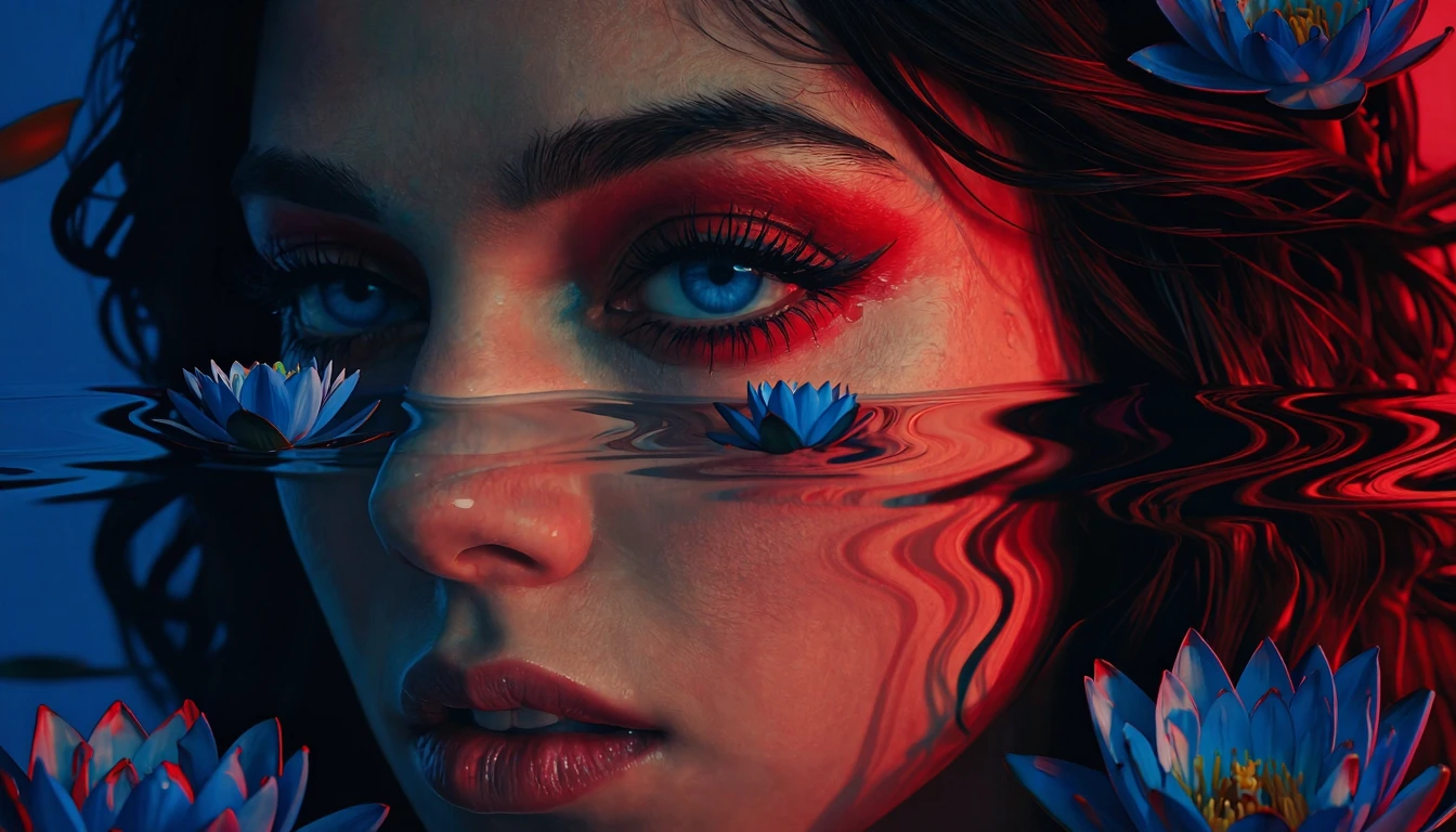 # Liquid Reflection A striking digital artwork features a woman's face split by horizontal ripples, creating a mirror effect. Her striking blue eye is framed by bold red and black eyeshadow, with dramatic black lashes. Dark hair flows elegantly aroun