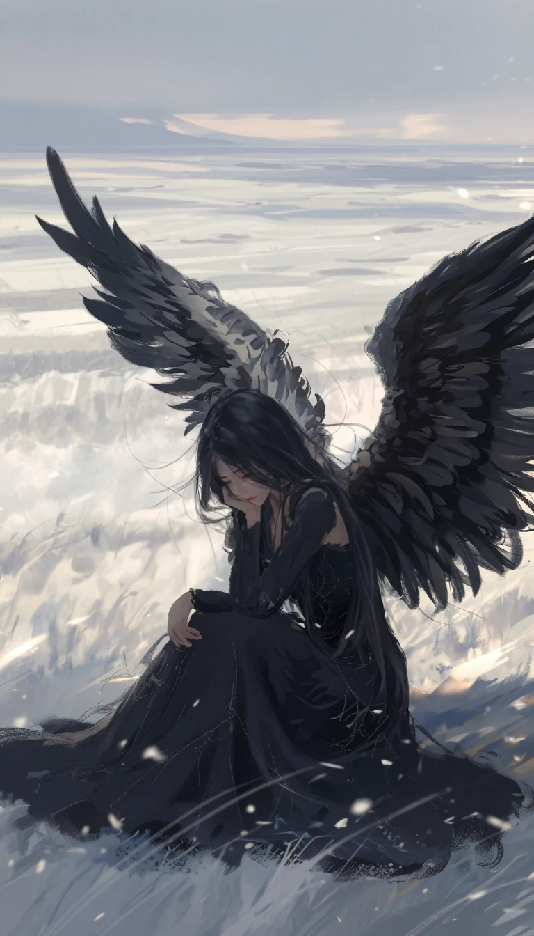A solitary figure in a vast monochromatic field, ethereal and haunting, 1girl with long flowing black hair cascading down her shoulders, wearing an el