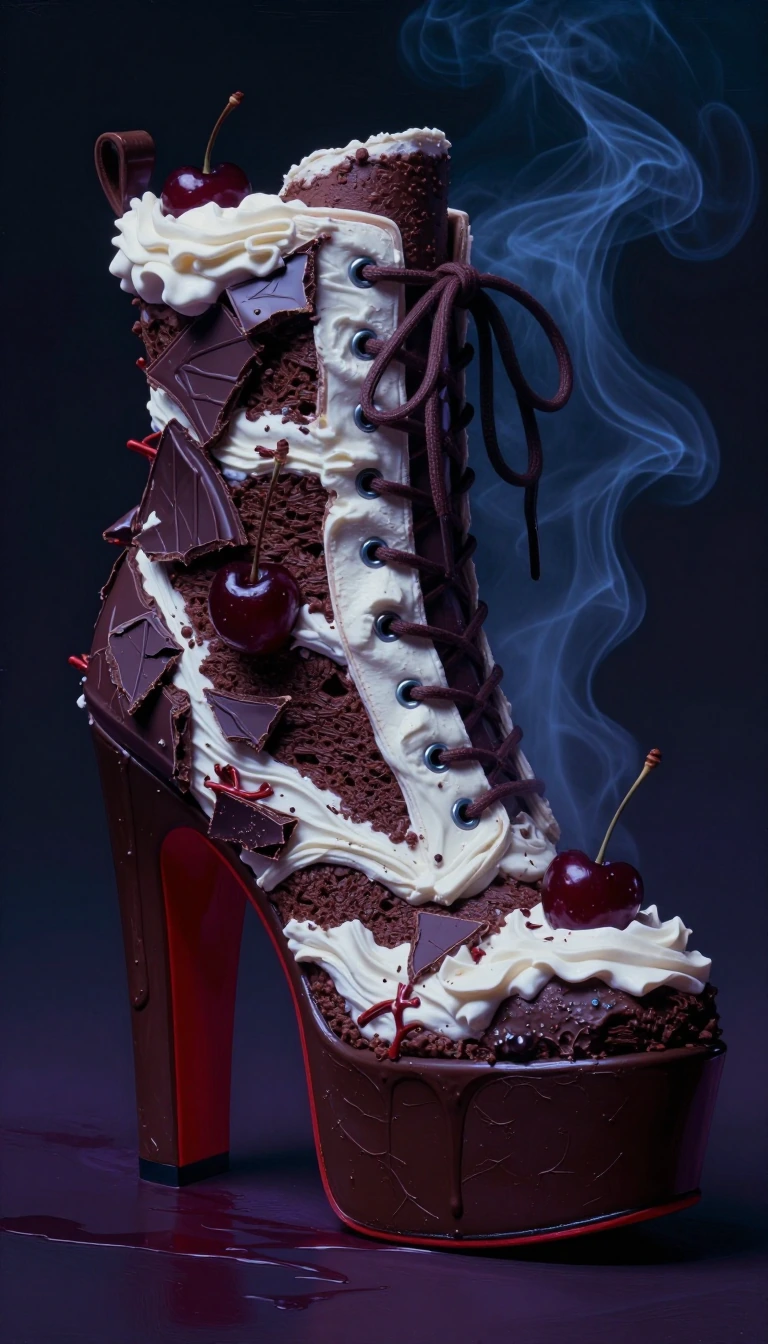 Extreme close-up photorealistic food art of a surreal "Black Forest Cake" sculpted into a high-fashion platform combat boot with a chunky heel. The bo