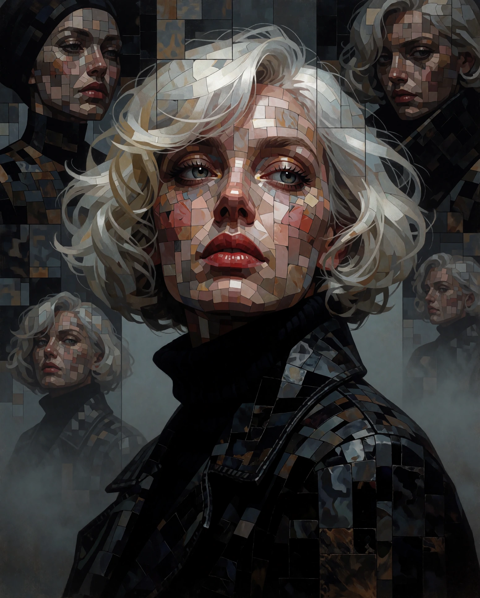 Geometric mosaic portrait of a woman with short wavy white hair, composed of rectangular and square fragments in varied tones of gray, beige, and blac