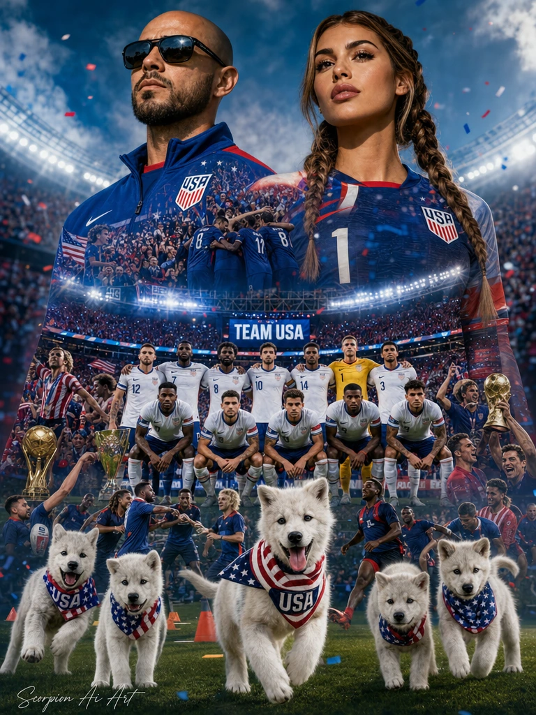 A cinematic double exposure featuring a bald man with a trimmed beard and sunglasses standing beside a bombshell brunette with twin braided tails as proud team USA captains, surrounded by energetic white wolf pups wearing miniature soccer scarves. In