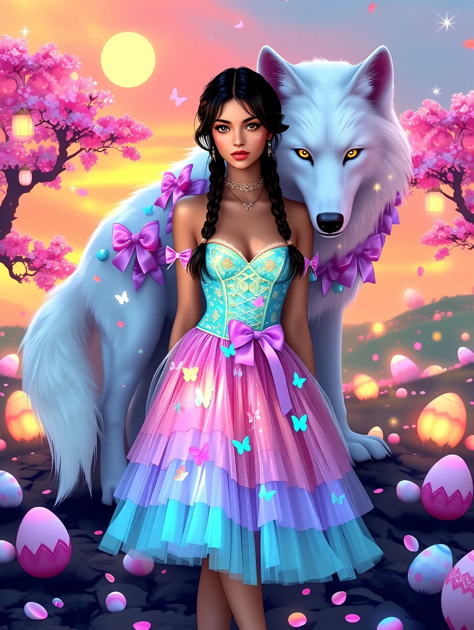 A stunning brunette woman with long pigtail braids, soft curls framing her face, stands beside a majestic Easter-themed wolf in a dreamy fantasy lands