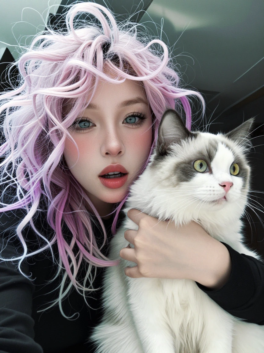 Crazy girlfriend pastel hair taking a selfie with her cat