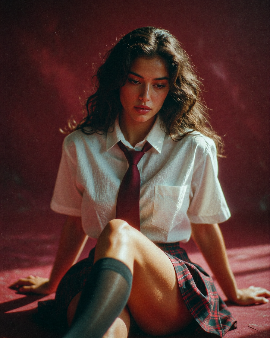 A cinematic fine-art portrait of an adult woman sitting gracefully on the floor in a confident, relaxed pose. She has long, naturally wavy dark-brown