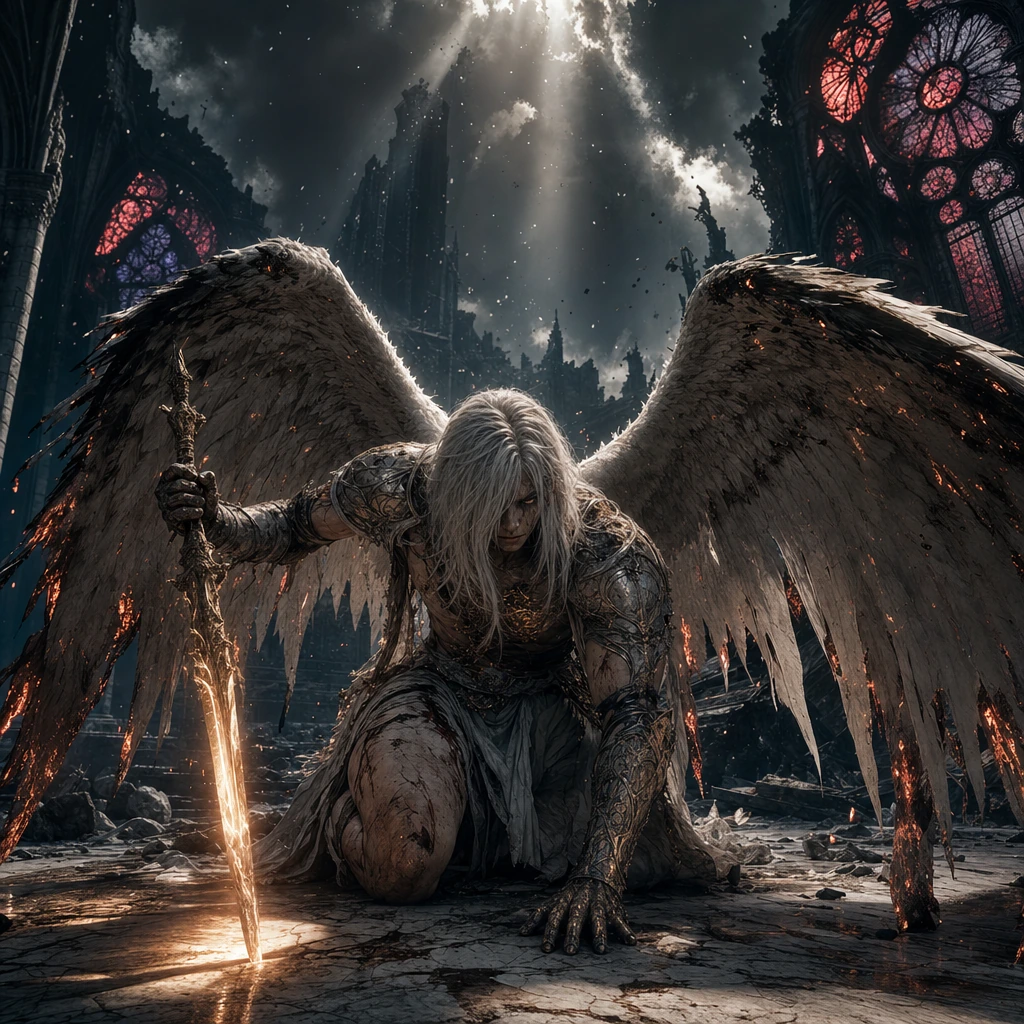 Vast obsidian cathedral ruins open to a stormy twilight sky, shattered rose windows bleeding crimson and violet light across fractured marble floors. Center frame: a fallen Nephilim angel collapsed to one knee, massive torn wings spanning twelve feet