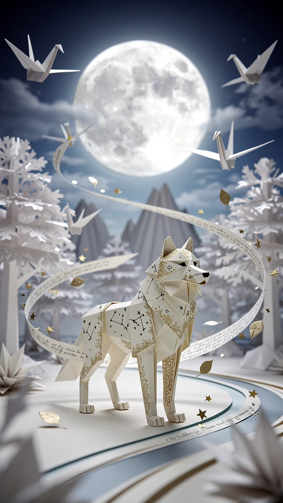 An elegant origami wolf folded from luminous ivory paper, standing proudly beneath a gigantic glowing paper moon suspended in a magical night sky. Every fold is exquisitely detailed with delicate calligraphy, celestial constellations, and golden ink
