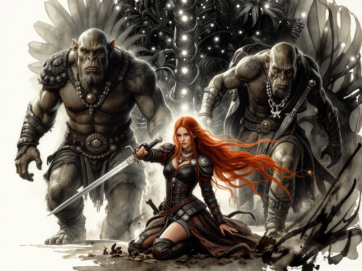 masterpiece, newest,absurdres,incredibly absurdres, best quality, amazing quality, very aesthetic, 1 girl,viking, red hair, dark leather armor, kneeling, rebellion sword, double exposure, planted sword, dirt, orc, k4illu, abstract, traditional media,