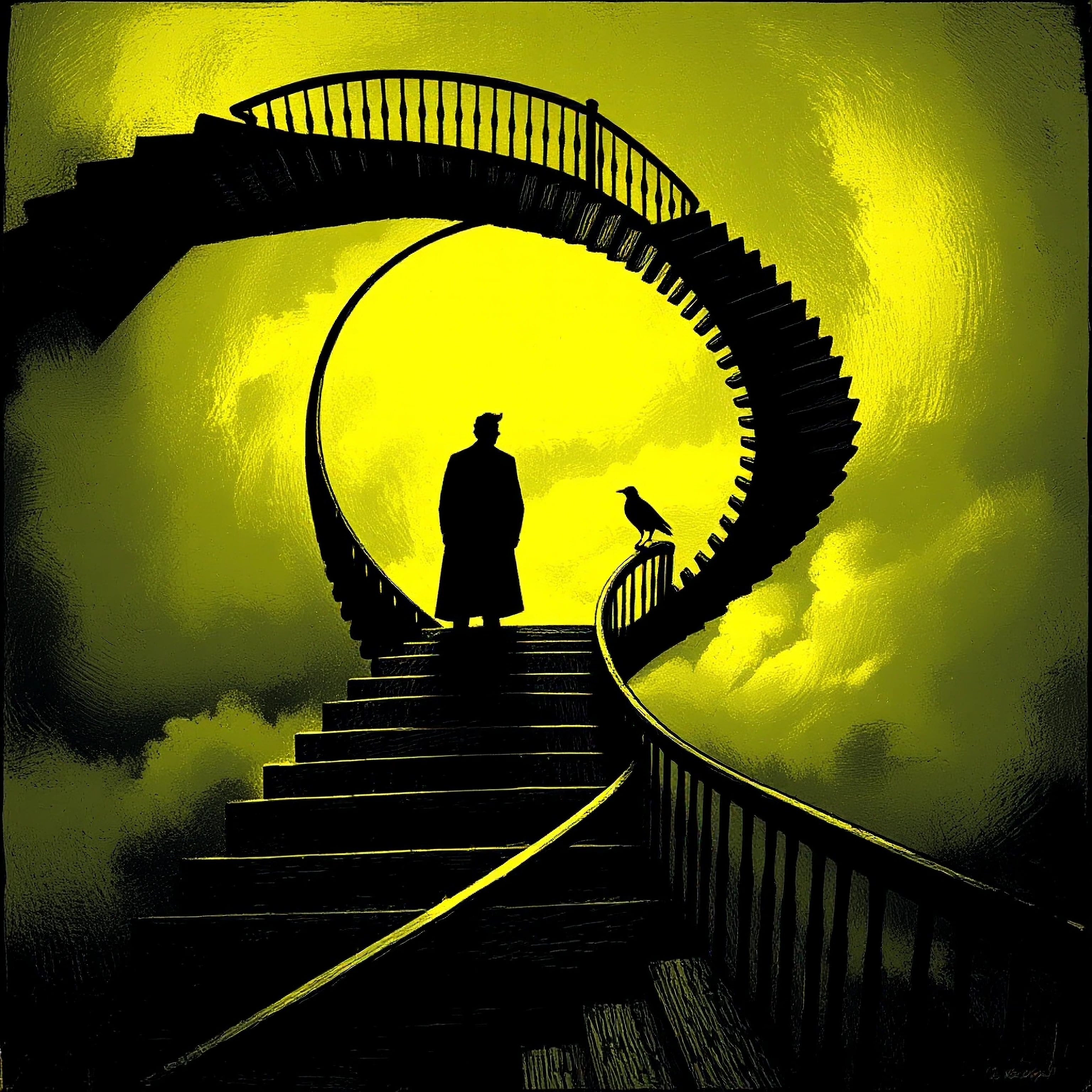 A solitary figure in a Victorian frock coat silhouetted against sickly phosphorescent glow at the nexus of three interlocking spiral staircases in Escher-like defiance of gravity, ascending and descending simultaneously. Rendered as a 19th-century me