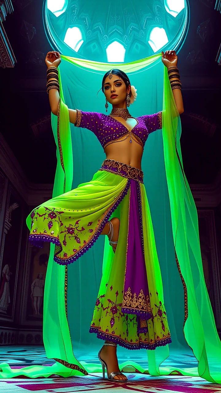Full-body editorial portrait of a graceful woman wearing an acid-lime neon-sheer lehenga and matching hooded dupatta with poison-purple glow-in-the-dark trim, a fitted poison-purple blouse with shattered mirror fragments and phosphorescent beads, orn
