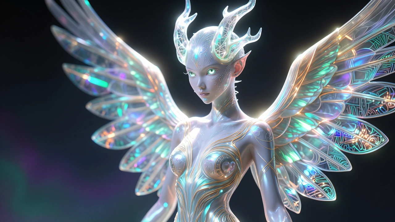 Ultra-detailed ethereal celestial humanoid, mythic demon-angel hybrid, statuesque yet impossibly graceful. Luminous crystalline horn structures with internal prismatic vein networks and razor-fine nanowire filigree. Multi-layered iridescent wings bui