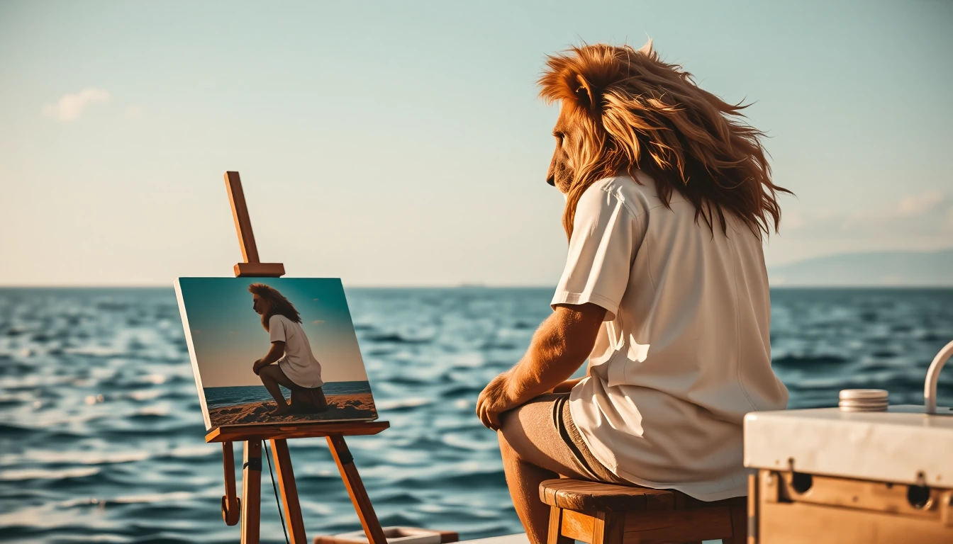 The image depicts an anthropomorphic lion seated with dignity on a wooden stool, facing the vast, tranquil sea. His imposing figure, with a majestic mane gently swaying in the sea breeze, exudes a regal yet serene presence. He wears simple attire, pe