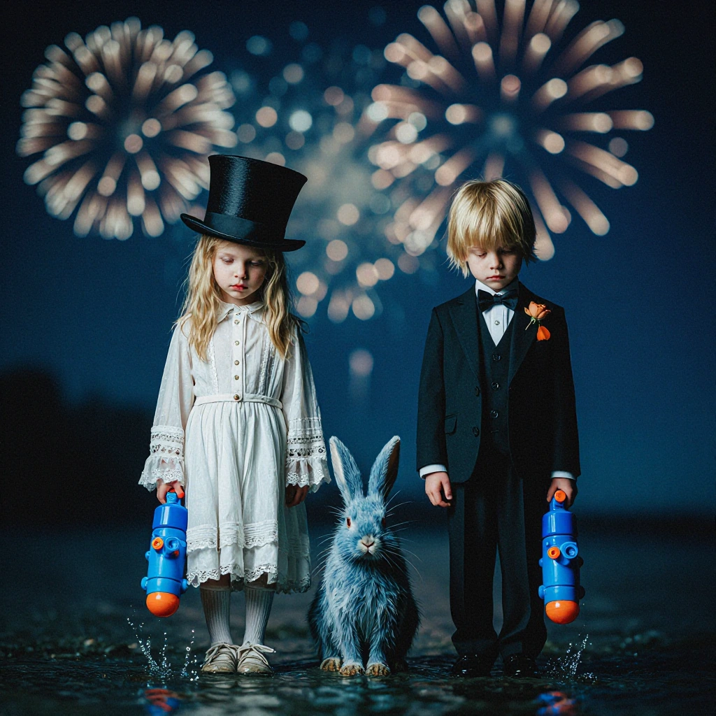 high-quality, surreal digital art piece featuring two solemn children standing side-by-side. (Mark Ryden inspiration)The girl on the left wears a vintage white lace dress and a tall black top hat. The boy on the right wears a formal black suit with a