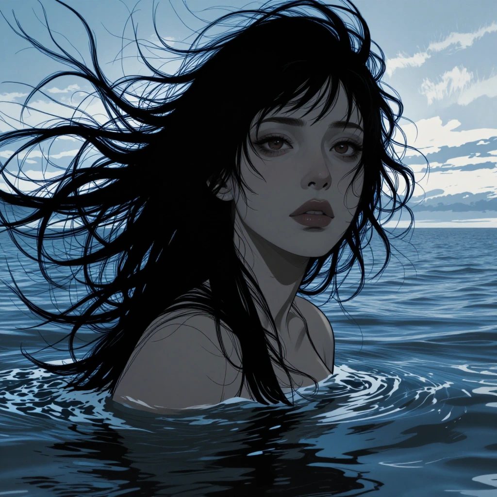 half above water half below water photo of a woman, highly detailed illustration style with blue tones of water and sky contrasting