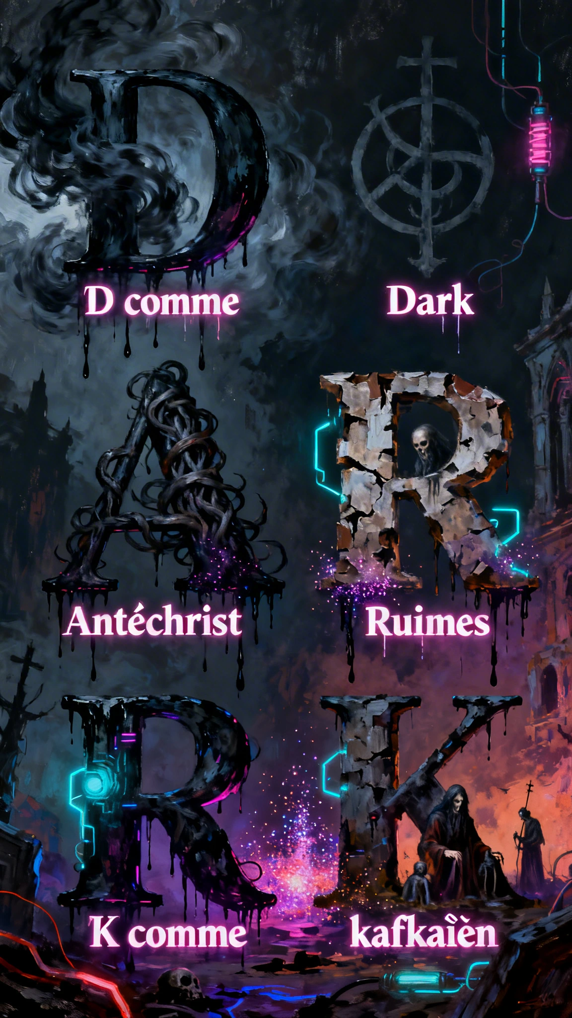 D comme Dark A comme Antéchrist R comme Ruines K comme kafkaïen