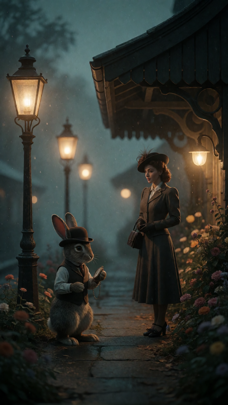 A whimsical scene featuring a vintage train station bathed in the soft glow of gas lamps. A dapper anthropomorphic rabbit in a waistcoat and bowler ha
