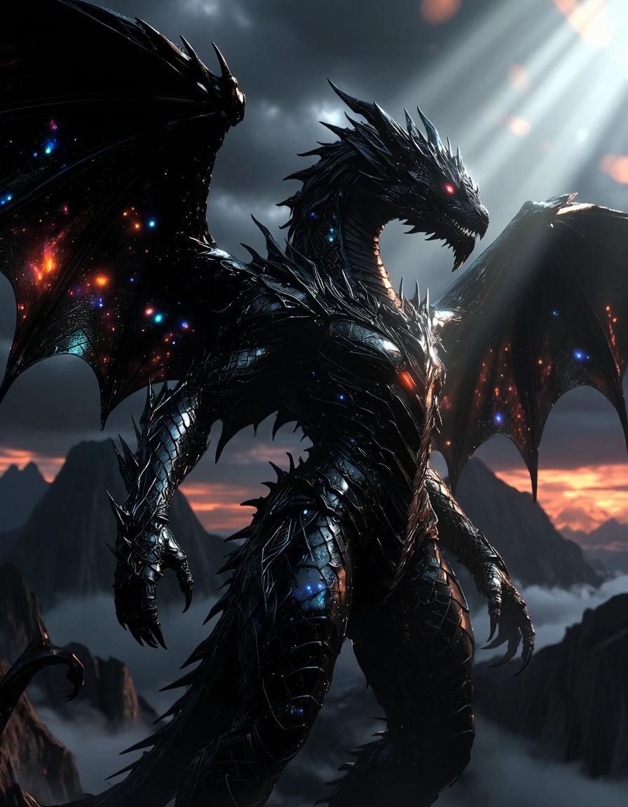 Ultra-detailed cinematic portrait of a colossal ancient dragon, majestic and terrifying in scale, towering over misty mountain peaks at twilight. Its entire body is covered in large, glossy black pearlescent scales that shimmer with an iridescent cos