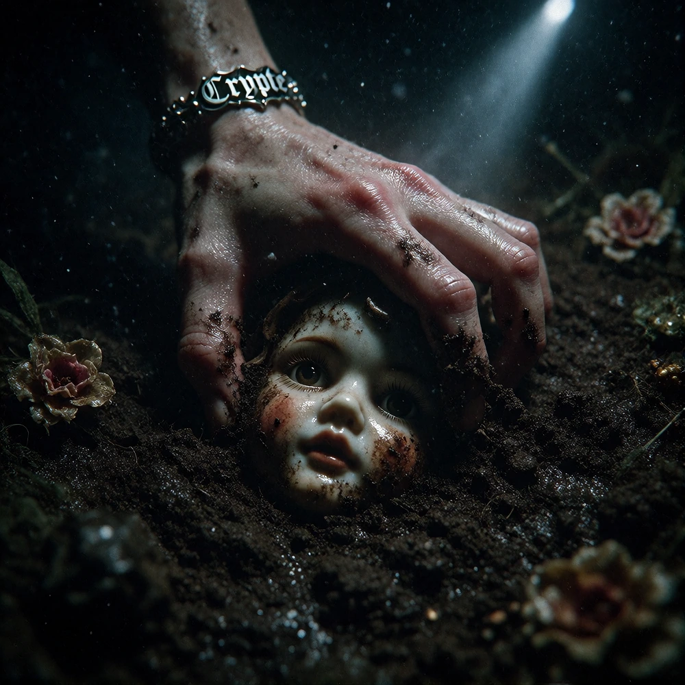 An extreme, hyper-realistic close-up in 8K. A pale, trembling human hand, wearing a gothic bracelet inscribed with the word ‘Crypte’, frantically digg