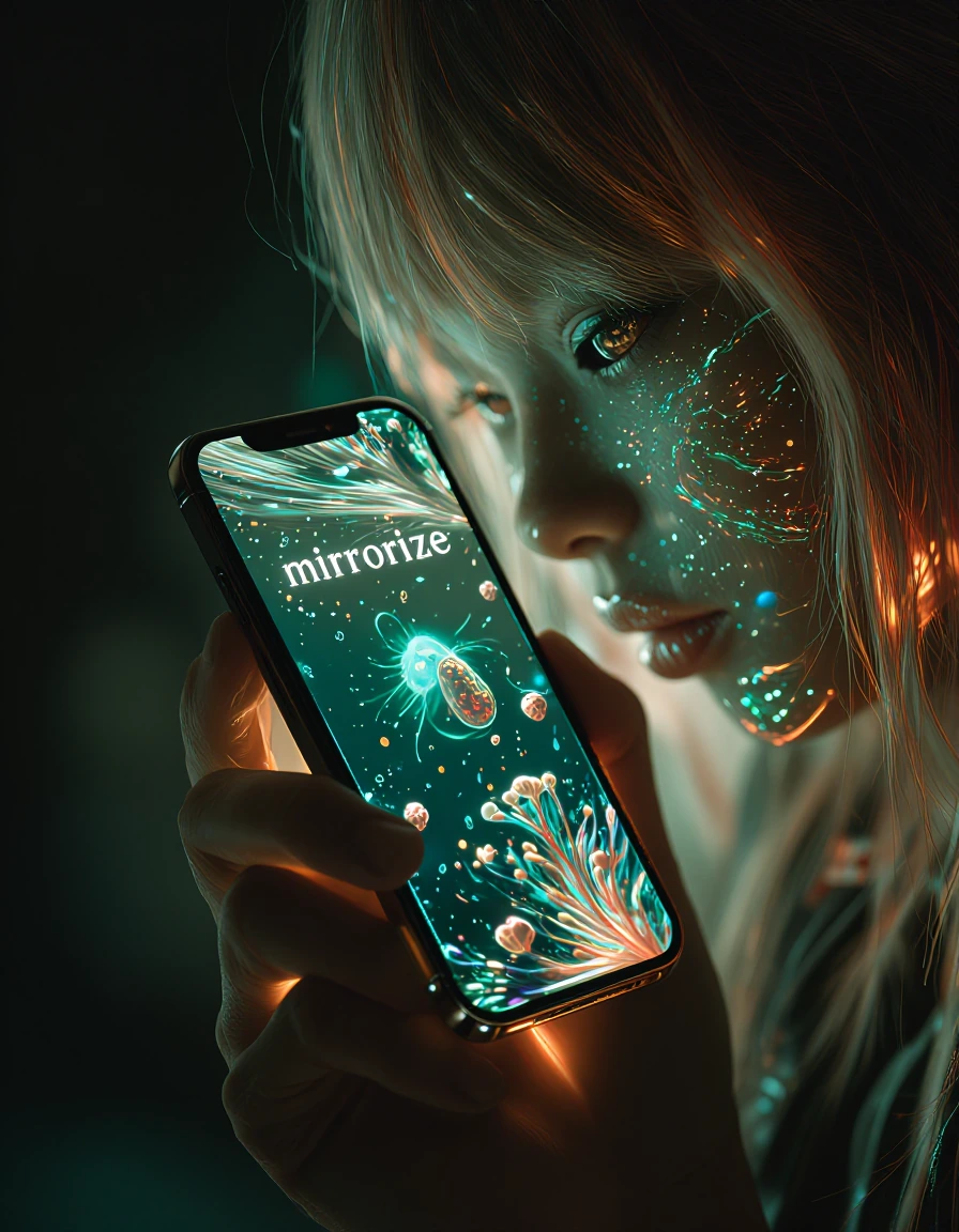 Egirl gamer aesthetic, young woman with pastel hair and soft glowing skin, holding a sleek iPhone, face illuminated by the screen glow in a dark room,