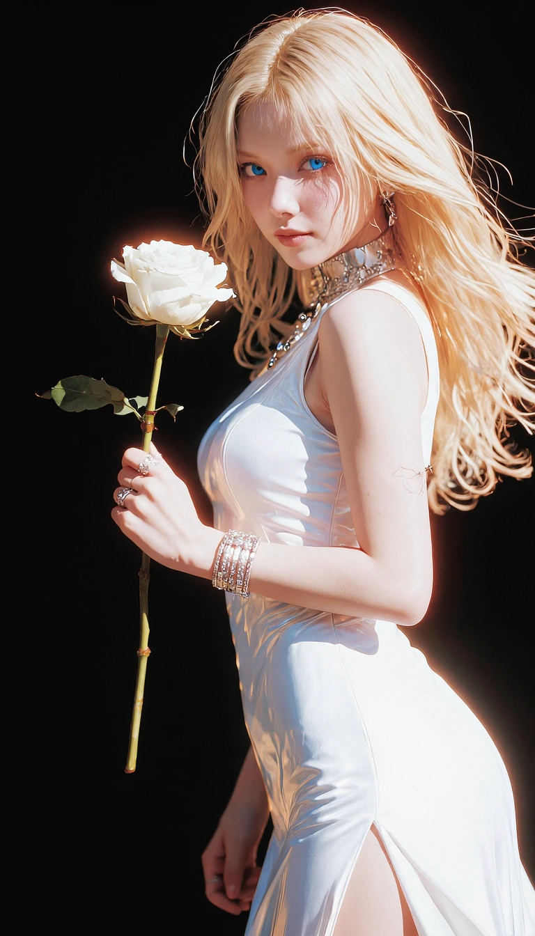 a digital drawing in an anime style, featuring a young woman with a fair complexion and long, wavy champagne blonde hair. She has striking ice blue eyes and a gentle smile, she is wearing a sleek, white, sleeveless dress with a high neckline and a sl