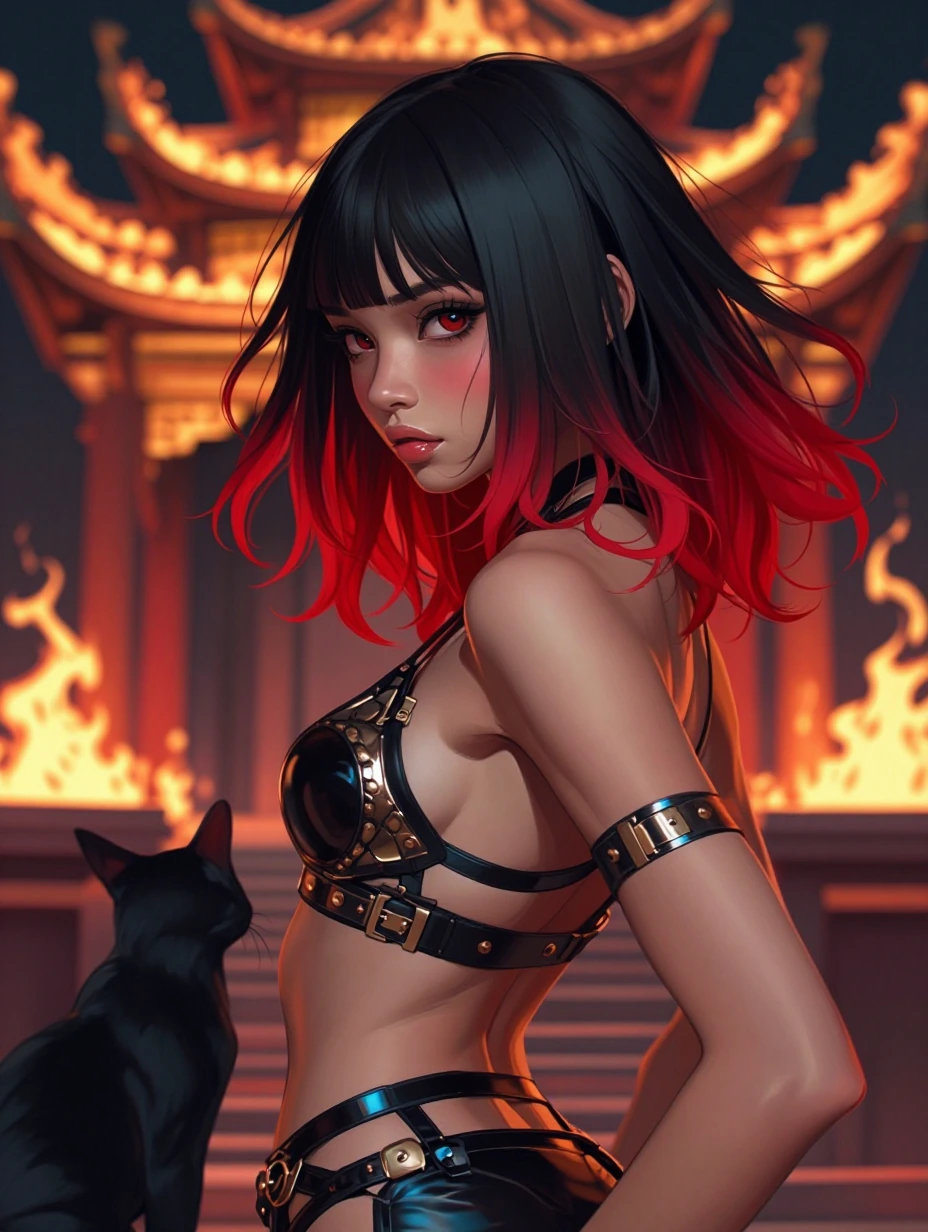 Closeup, Beautiful, cyberpunk, fire temple, dancer, cat nearby , black red ombre hair