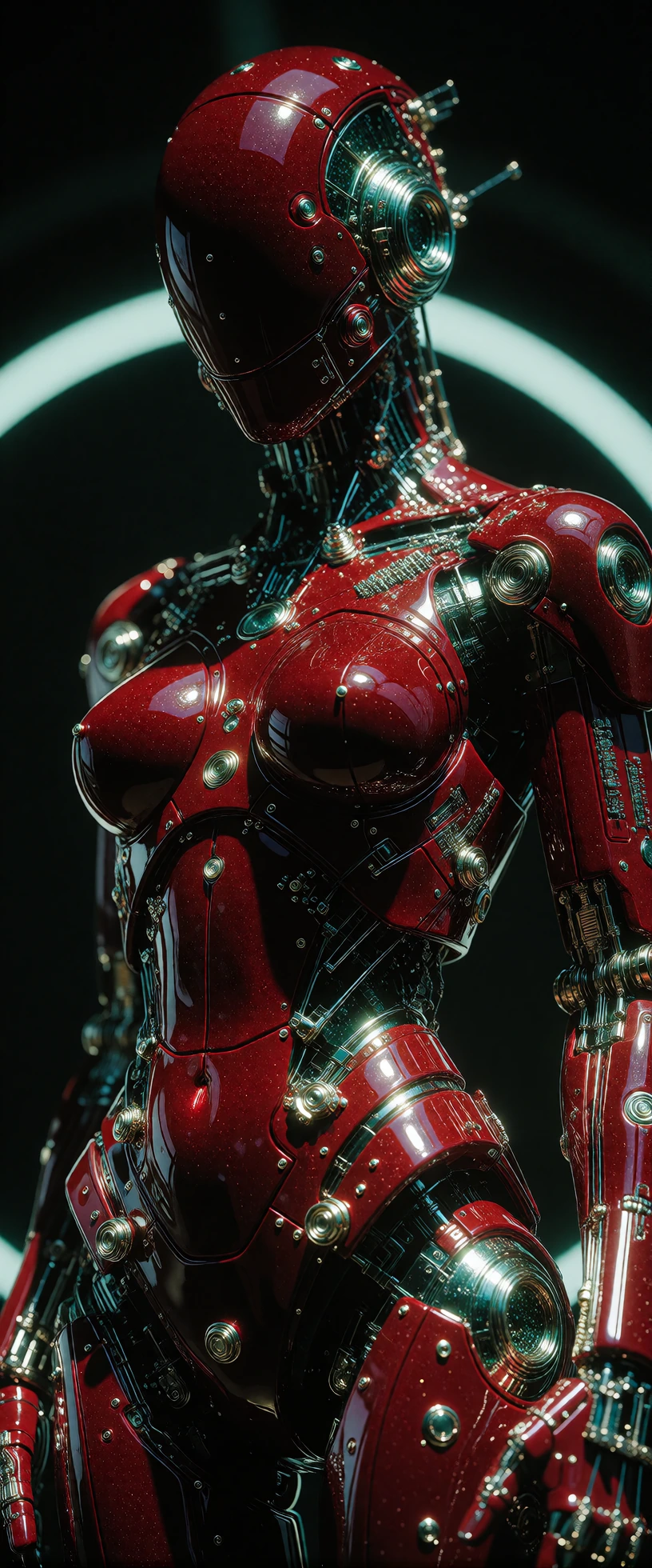 ​A single, solitary high-end female cyborg in a vertical 9:21 aspect ratio composition, captured in an awe-inspiring full-body wide shot, visible from head to toe. The image is rendered with microscopic, hyper-focused detail, ensuring she is the sole