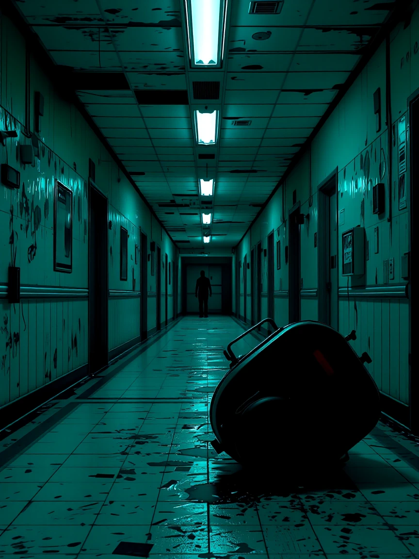 Abandoned hospital corridor shot in deep single-point perspective: linoleum floor disappearing into absolute black, fluorescent fixtures dead and dangling, walls peeling institutional green. A gurney lies overturned in the foreground, one wheel still