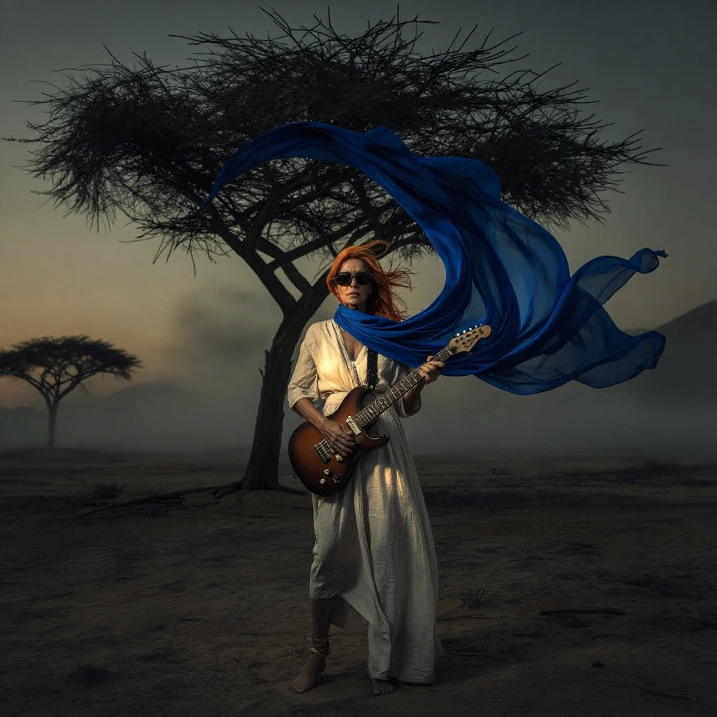 A surrealist and hyperrealist portrait. An elegant woman of mature years with long copper-orange hair, wearing sunglasses, in a desert at sunset. She is at one with her electric guitar in front of a dead acacia tree swept by the wind, where her immen