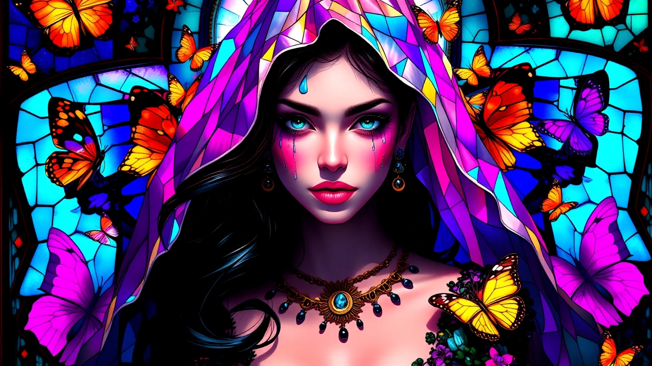 Stained glass mosaic butterfly art, #beautifulchaos. Vertical portrait of a seductive angelic woman with iridescent butterfly-wing veil, wearing a sensual sheer top and fishnet bottom. Anime-inspired face, smoldering turquoise cut-glass eyes, long da