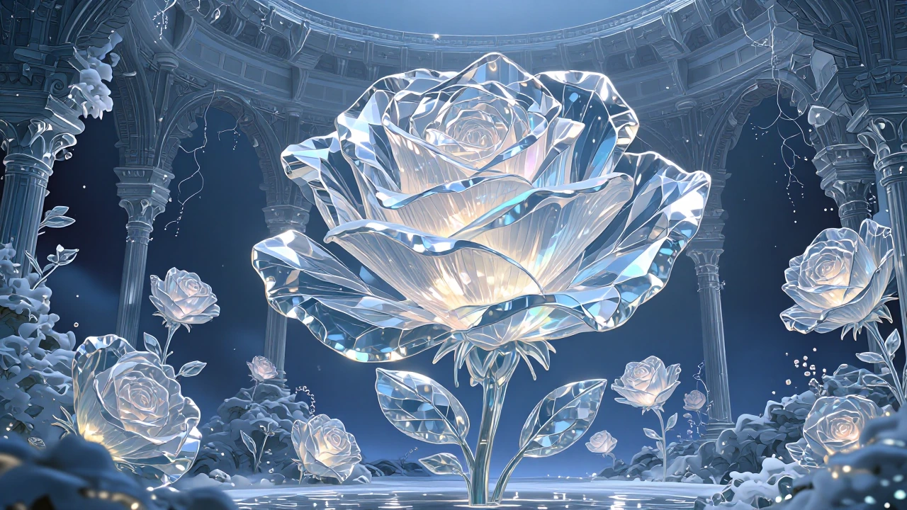 A cluster of translucent crystal roses, shimmering with prismatic light, stands suspended mid-bloom in an enchanted winter garden under a twilight sky, their frost-covered petals intertwined with delicate ice vines that sparkle under a soft celestial