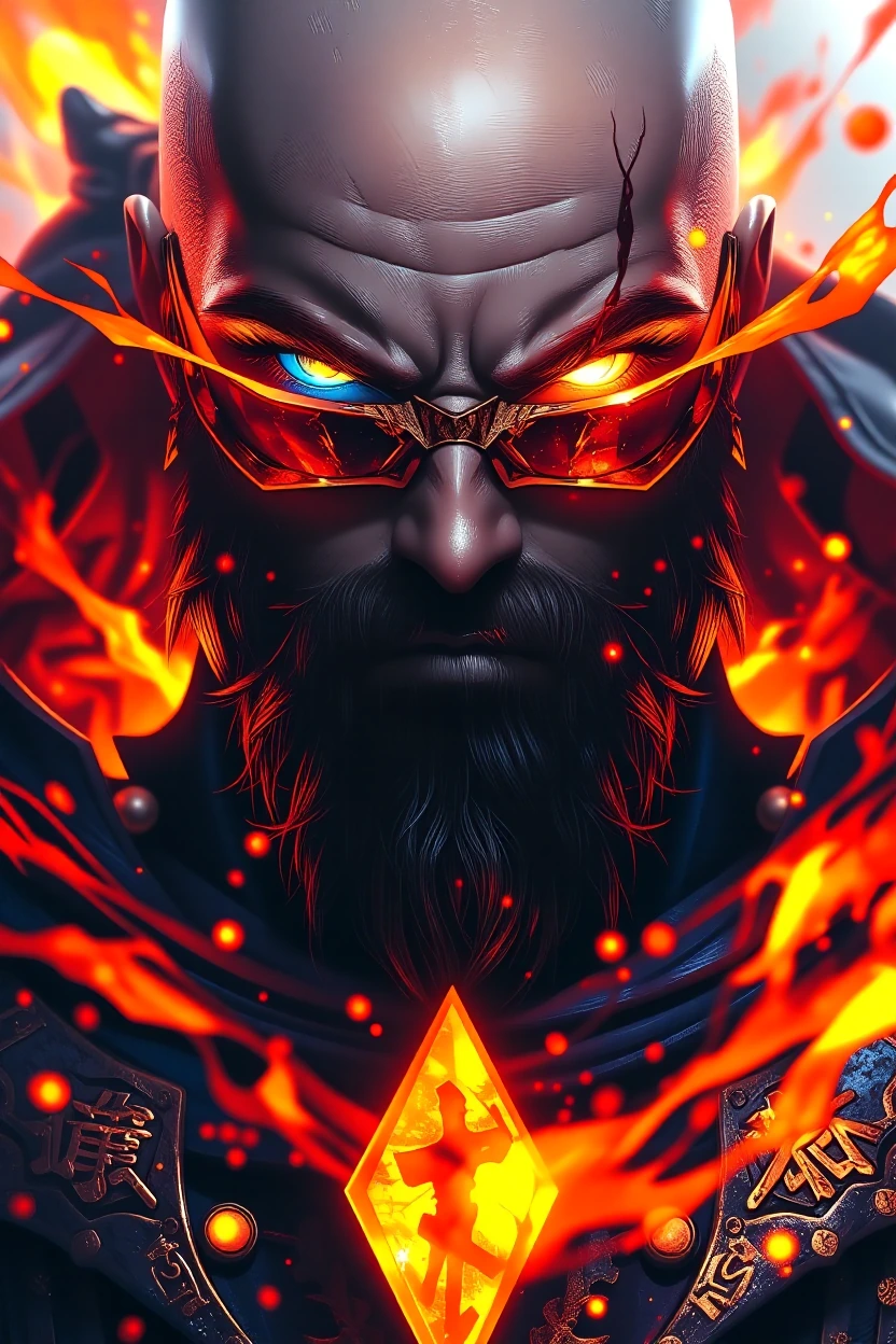 Handsome fantasy anime bald man with with trimmed beard and sunglasses , sharp glowing golden eyes, subtle battle scars, dark elegant mage armor with glowing runes, mysterious and powerful aura with floating magical sparks, highly detailed, perfect f