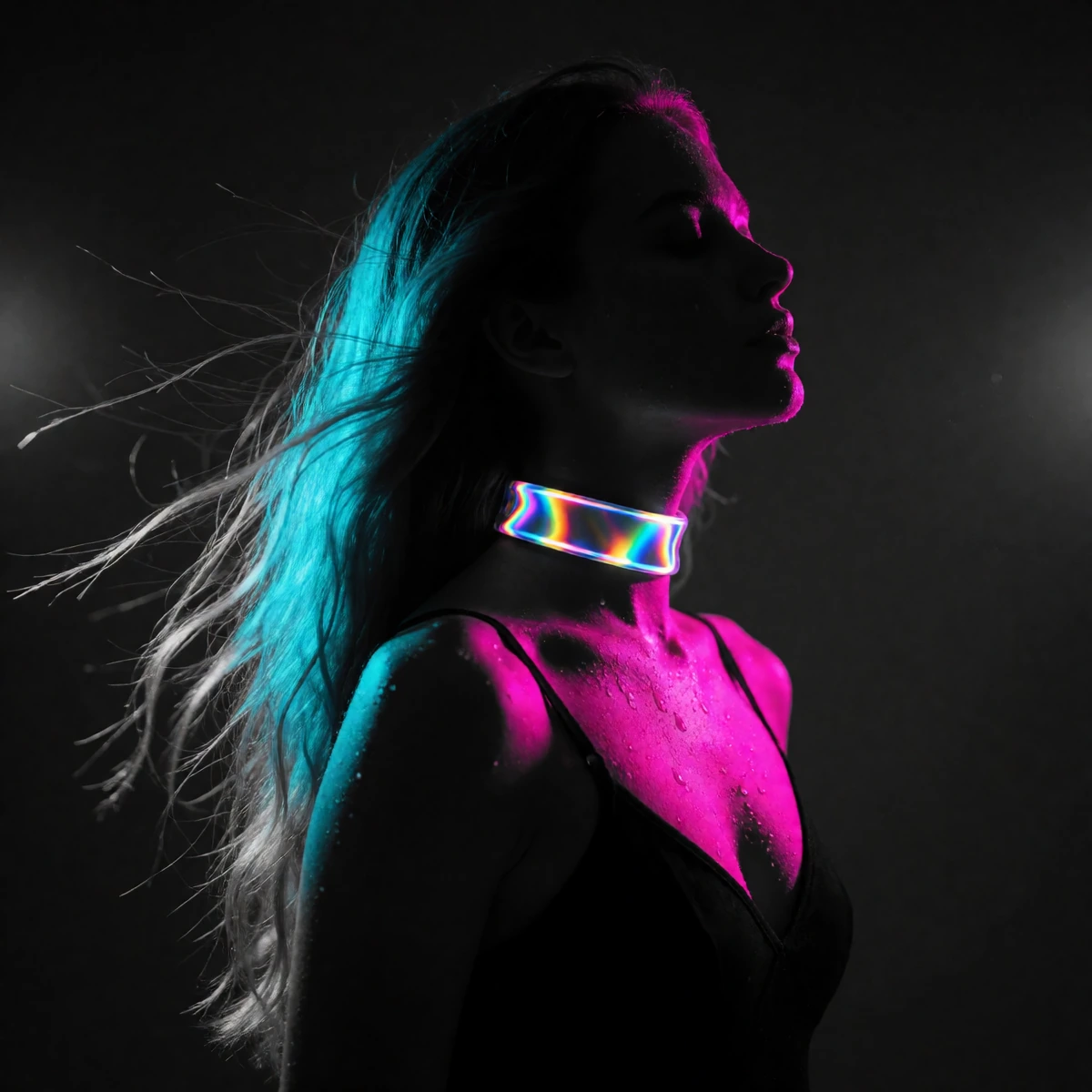 Woman with long flowing hair and a choker, photographed in a darkened studio, neon light sources—cyan, magenta, hot pink—positioned to rim-light her s