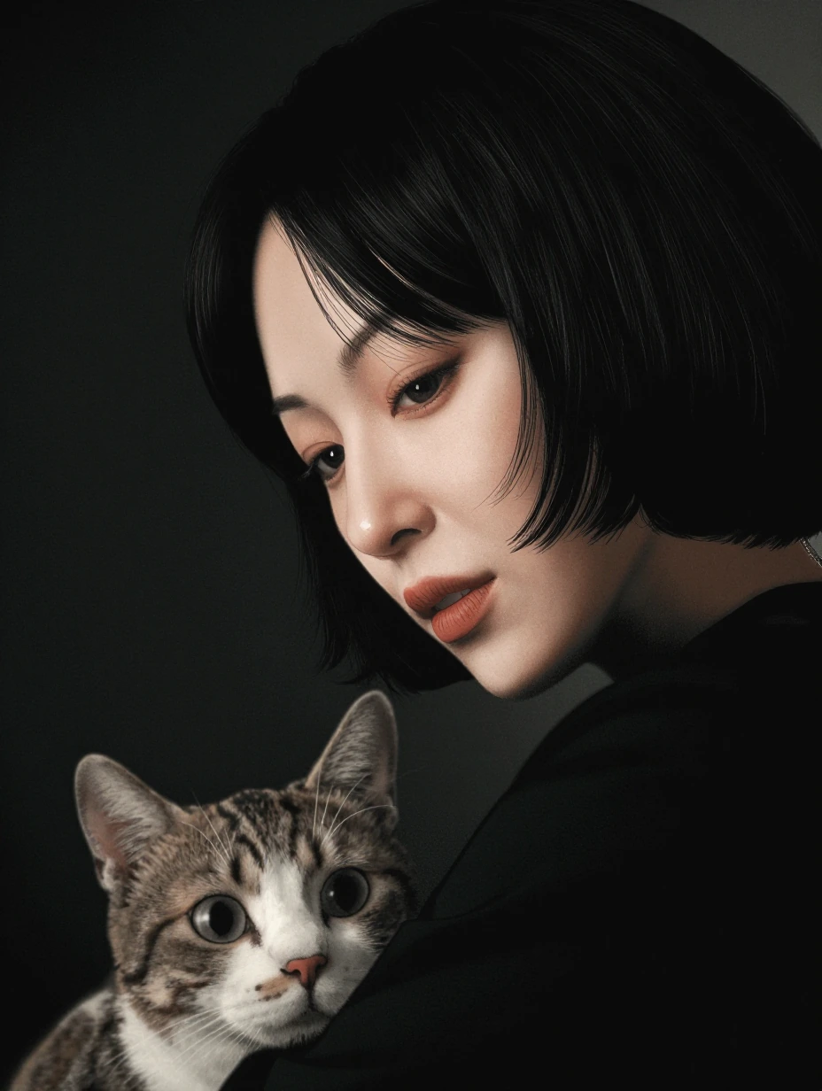 Woman black bob hair with a cat, photo