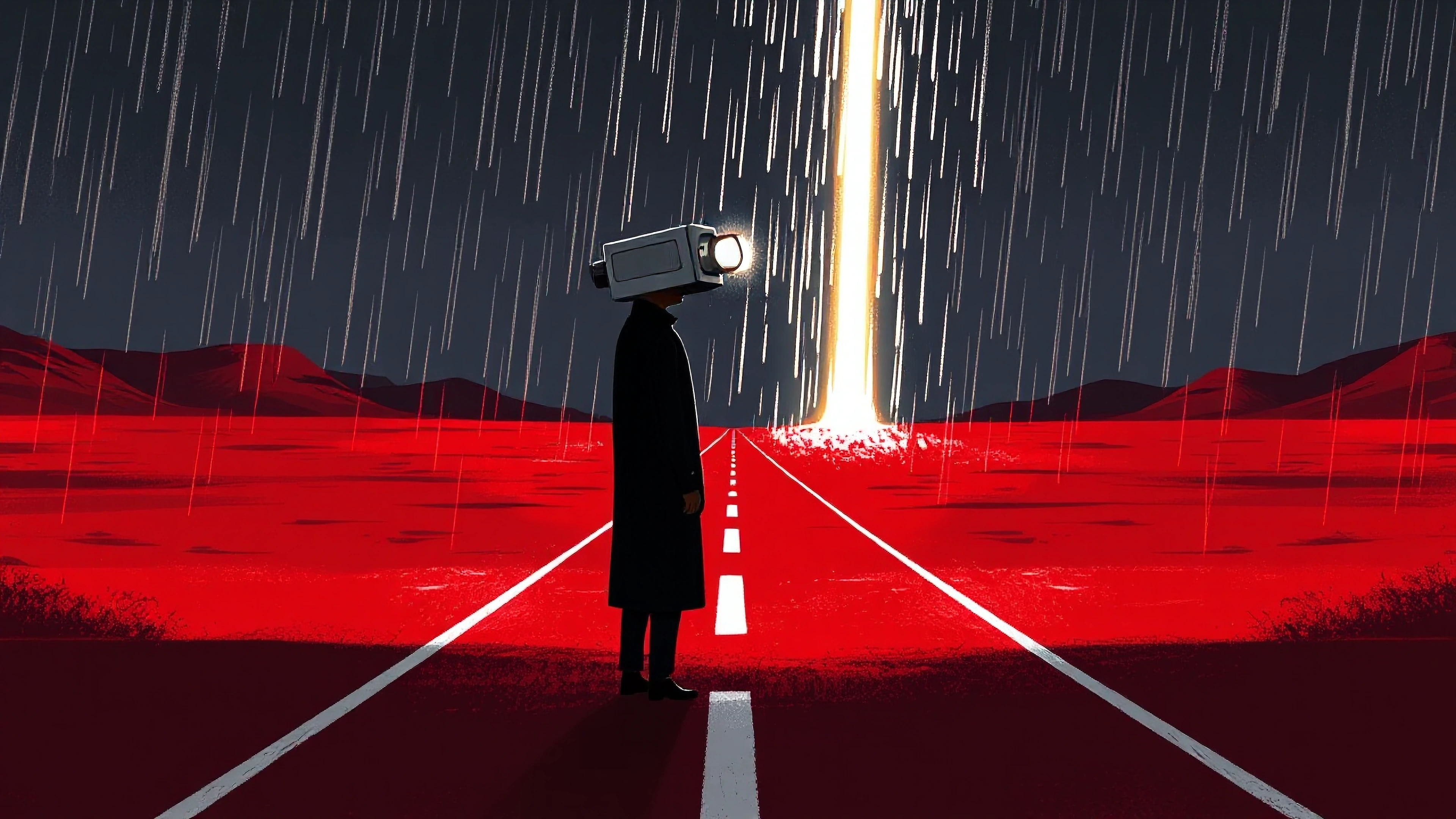 Bold cinematic keyframe in the distinctive dark whimsical illustration style of sref 3769261565. The scene visualizes “Rain Falling Upward Over an Empty Highway.” A Black man stands on a long, empty red highway that stretches into the distance. His h
