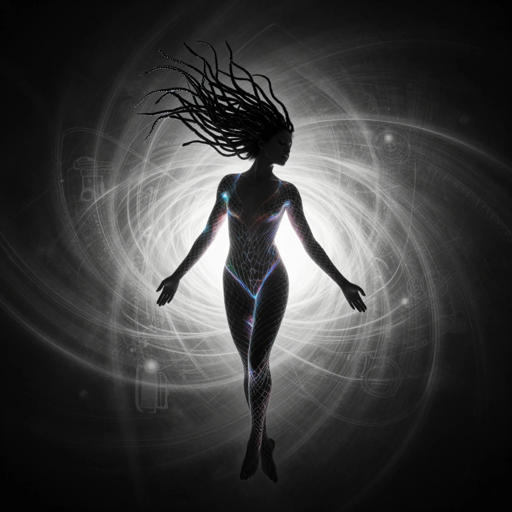 1 female adult, bioluminescent dark skin and dreadlock hair:1.5, ultraviolet rainbow glow:1.4, flowing dreadlock hair glow, glowing lines and delicate luminescent veins, neon stained glass fishnet bodysuit (softly draped), dark skin, exposed chest, h