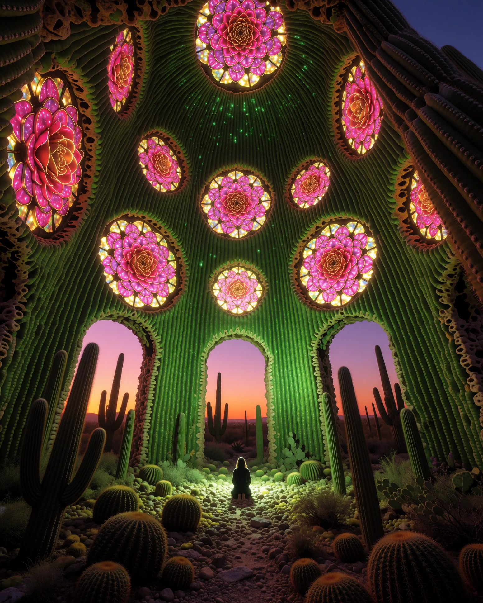 A vast saguaro that has hollowed out into a cathedral interior, ribbed walls glowing from within like green neon, rose windows made of overlapping cactus flowers in fluorescent pink and gold. A tiny figure kneels at the center. Dusk sky outside is or