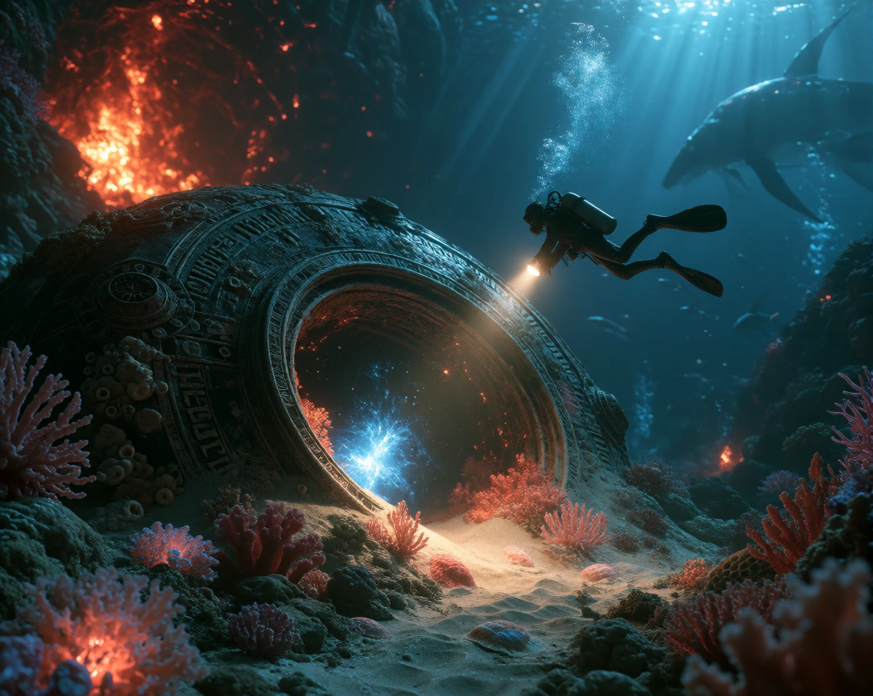 A lone deep-sea diver discovers a mysterious ancient hatch laying on the ocean floor, half-buried in sand and surrounded by strange coral and bioluminescent sea life. The enormous hatch is weathered, covered in barnacles and intricate unknown symbols