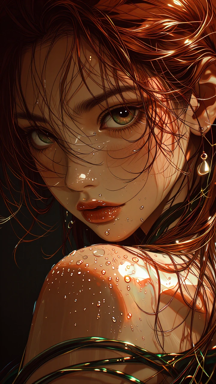 Masterpiece, best quality, ultra-detailed digital illustration. Extreme close-up of Vanessa’s face and shoulder, wet skin glistening with water droplets. She has short reddish-brown hair, green-hazel eyes, light freckles, and a small silver nose stud