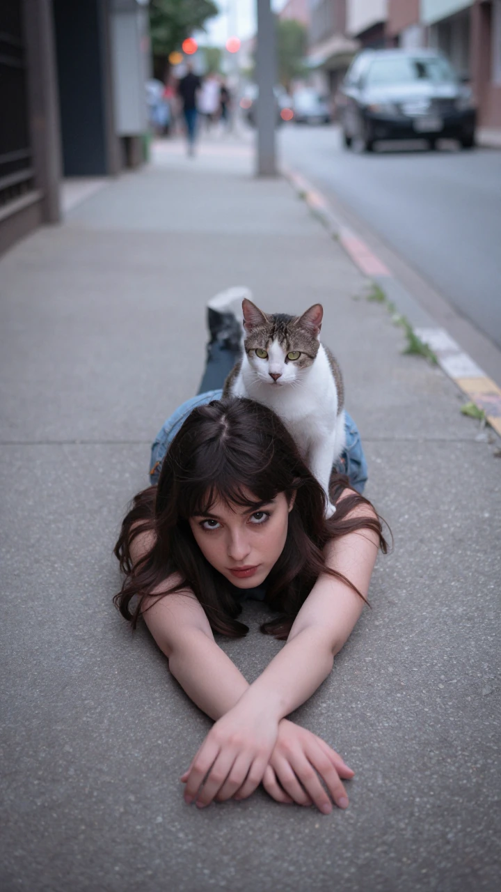 a girl laying on a sidewalk facing front toward camera, a cat perched on her shoulder, urban street setting, photorealistic style, natural lighting, relaxed pose, detailed textures, 9:16 portrait framing