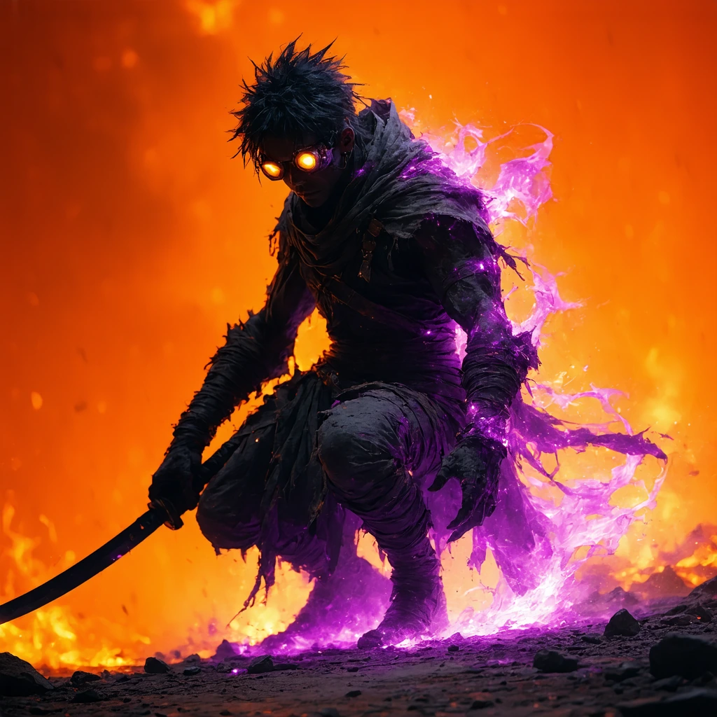 A vertical digital painting of a monstrous, crouching humanoid figure with dark, spiky hair and glowing white eyes, wearing goggles on its head. The creature has a rough, textured skin resembling rough stone or hardened flesh, adorned with bandages a