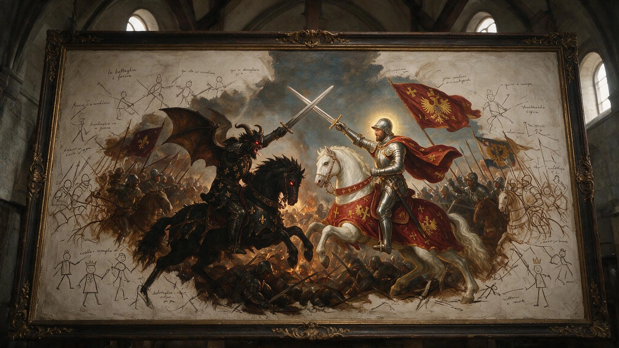 An Unfinished Painting; A Renaissance Era Masterpiece stands unfinished forever; The Painting depicts an epic battle between the armies of Francis the 1st of France depicted as the demons and the The Holy Roman Emperor Charles the 5th depicted as a H