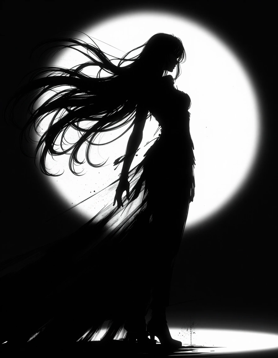 A dynamic illustration featuring a female figure depicted in an elegant, artistic style. The subject stands with her back turned, showcasing flowing l