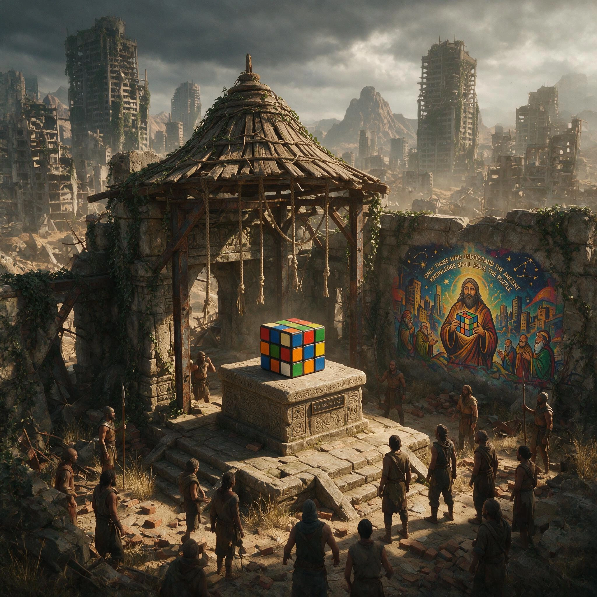 In a Dystopian World after the Apocalypse has shattered the Earth and the few survivors descendants live in the ruined cities a temple has been built around a alter holding a Rubix Cube, A spray paint mural tells the legend that only those capable of