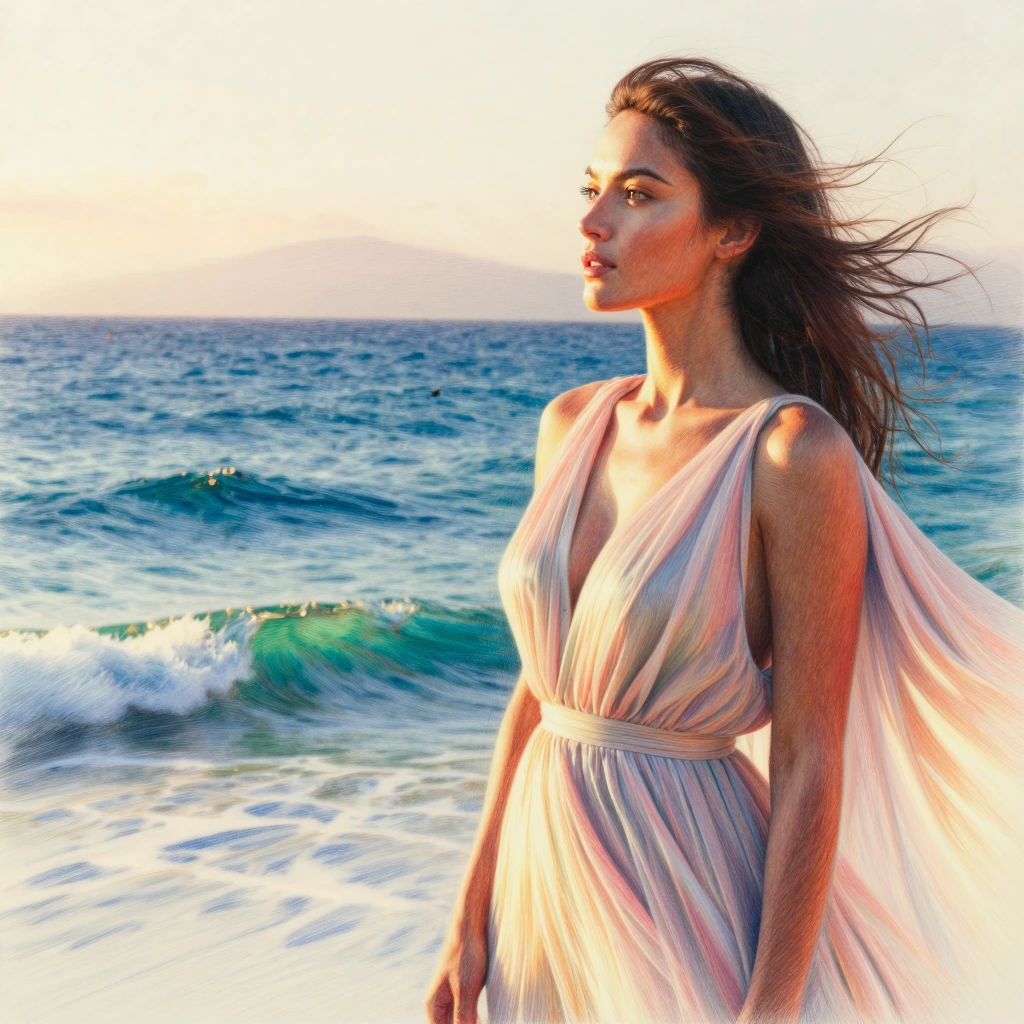 Woman in elegant pose standing before vast ocean, colored pencil on smooth bristol paper, soft natural daylight illuminating her figure, golden hour sunlight casting warm glowing shadows across her face and body, serene coastal atmosphere, gentle sea