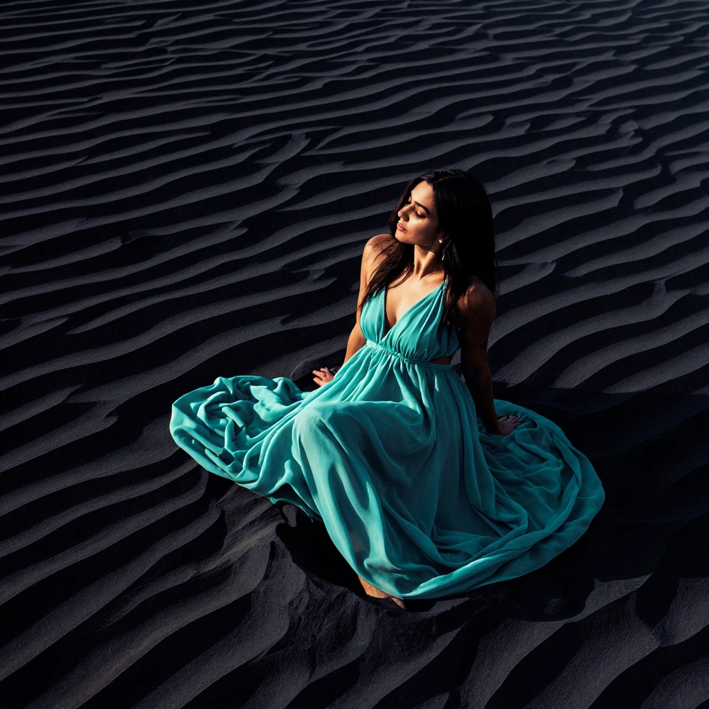 Teal flowy misty dress on beautifully sitting woman in the dark sand desert, high contrast and teal collide into gorgeous photo