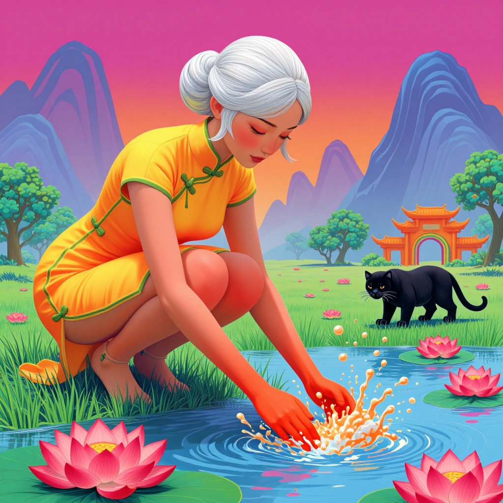 smooth 3D digital illustration of a young woman with platinum silver hair slicked back into a tight bun, wearing a short bright yellow-orange cheongsam dress with a green mandarin collar and green trim, crouching forward with both arms extended downw