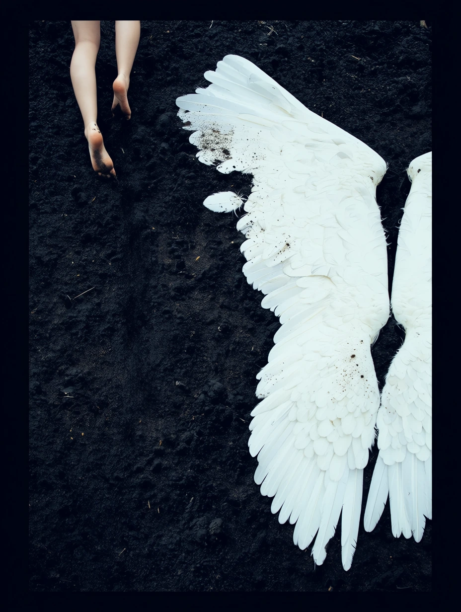 Shot on expired 35mm film with coarse grain. Close overhead photograph looking down at rough black earth. Two large detached white feathered wings lie on the dark soil, positioned as if they had just fallen from someone's back. The wings occupy the e