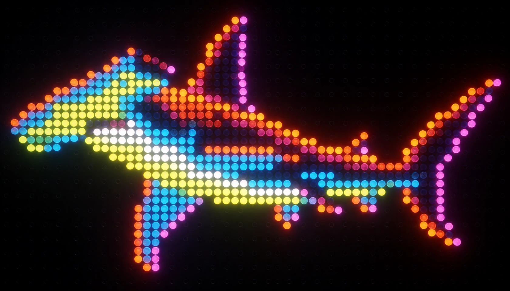Render a classic Lite-Brite pegboard image of a hammerhead shark, glowing translucent colored pegs piercing a black grid background, the shark's distinctive wide-set cephalofoil silhouette built from tightly packed illuminated dots in electric blue,