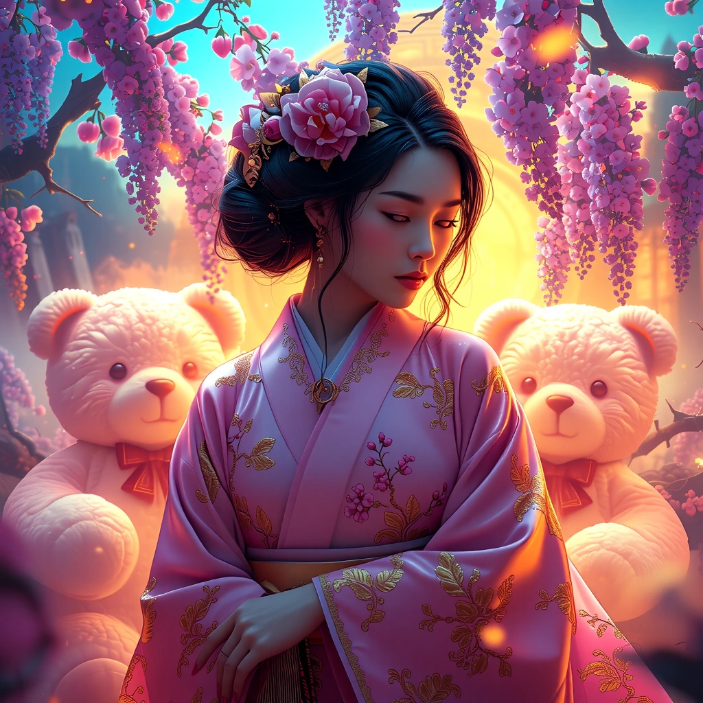 Ethereal Japanese woman, ornate silk kimono with gold cherry blossom embroidery, dreamlike fantasy landscape, oversized glowing teddy bears, blooming 